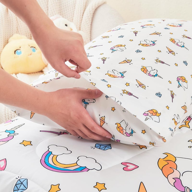 Mooreeke 4 Pieces Toddler Bedding Set - Soft Unicorn Rainbow Toddler Comforter Sets for Girls, Includes Quilted Comforter, Flat Sheet, Fitted Sheet and Pillowcase, Bed in A Bag for Baby Bedroom - Image 5